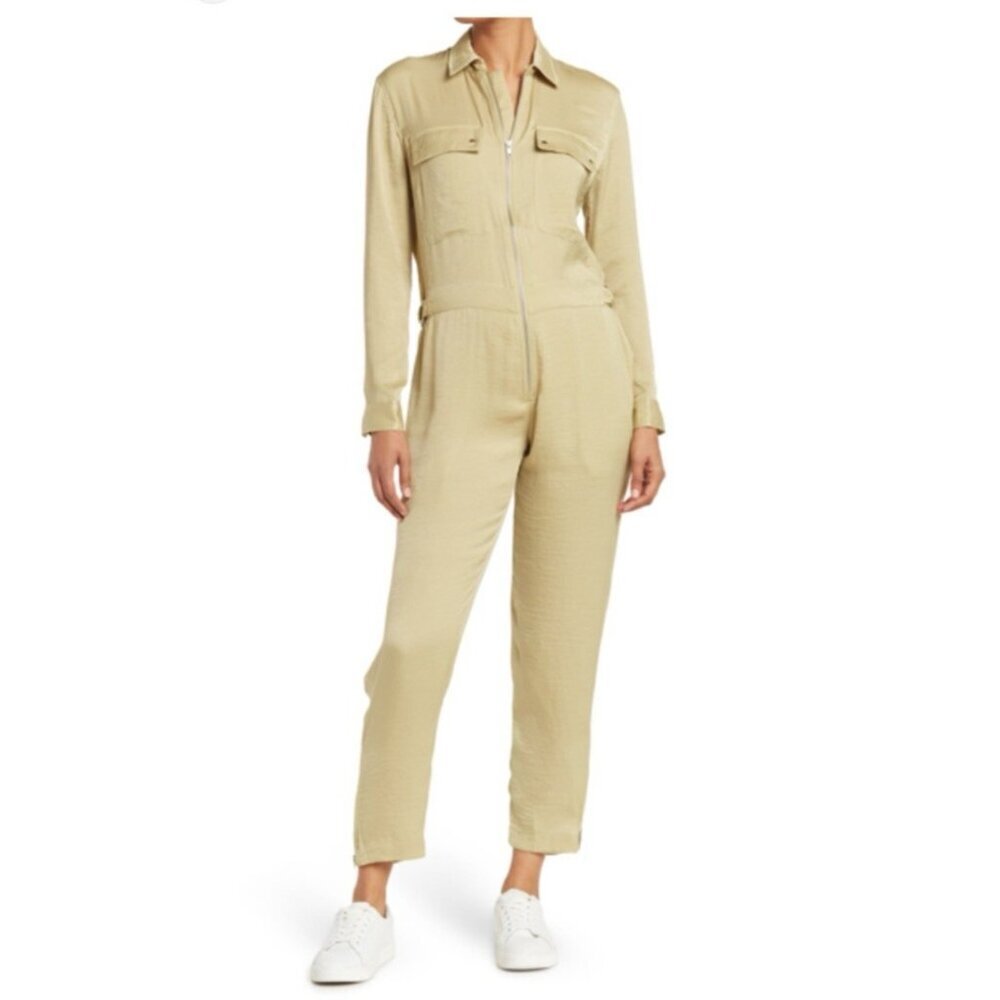 ATM Anthony Thomas Melillo Satin Utility Jumpsuit Putty Zip Front Womens M